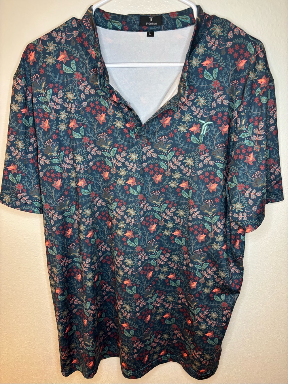 Trenton Golf Polo Shirt Men’s Large Floral Performance Polo Blue Pink Green